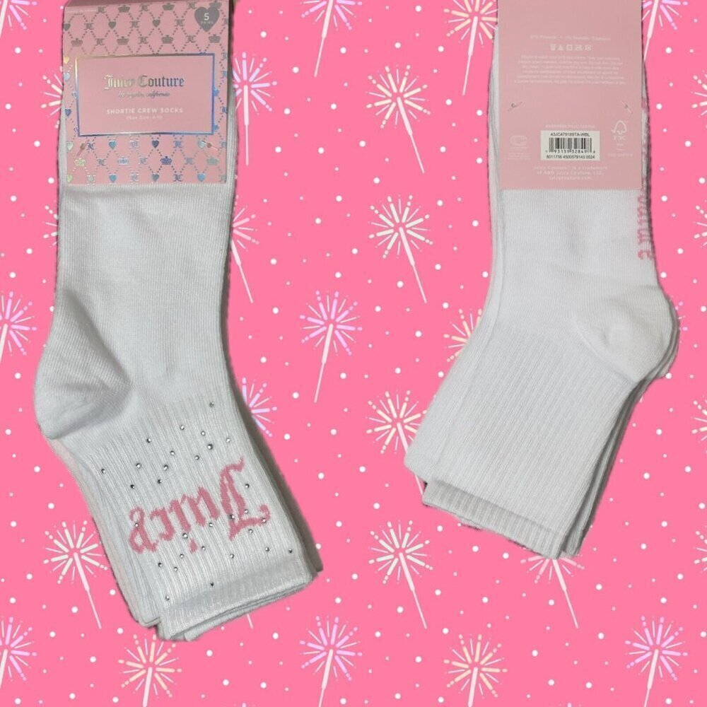 Juicy Couture White-Pink Crystal Accent Logo Name Size 4-10 Crew Socks-5 Pk